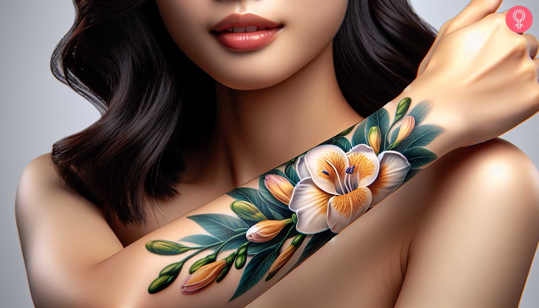 A realistic purple freesia tattoo on the forearm