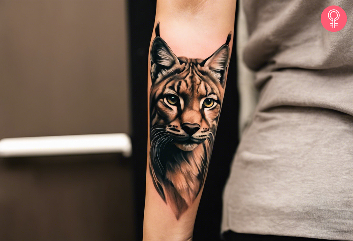 A realistic portrait tattoo of a lynx cat on the forearm