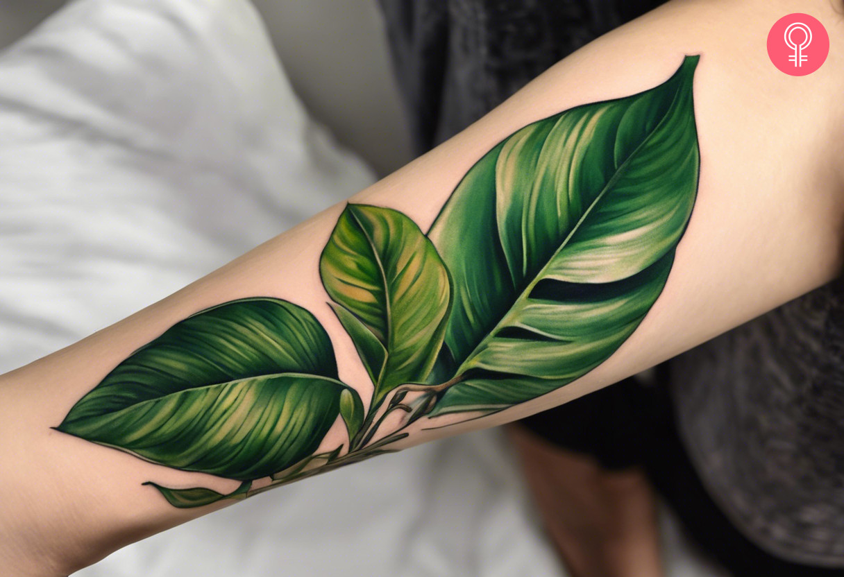 A realistic tattoo of Pothos leaves on the forearm