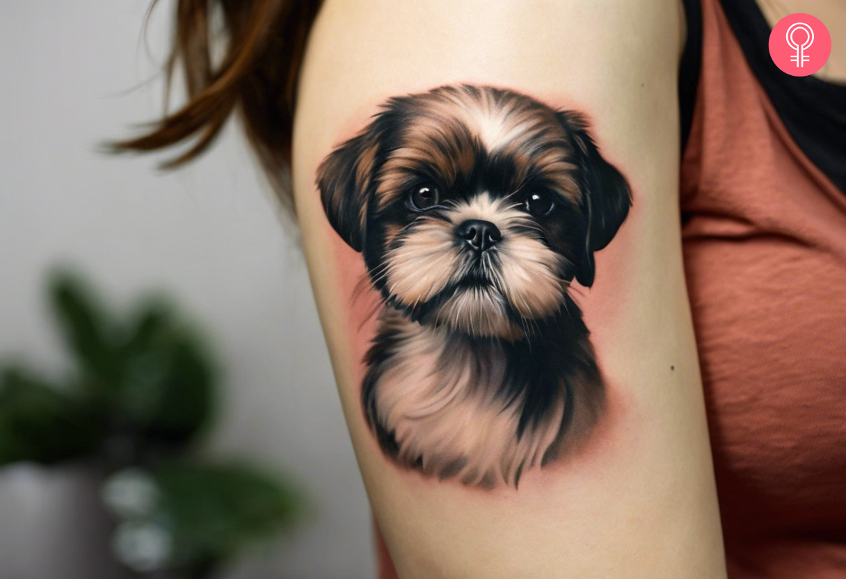 A woman with a colored realistic Shih Tzu tattoo on her upper arm