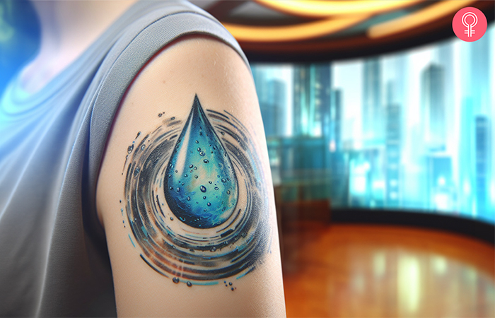 A woman with a colored, realistic water drop tattoo on her upper arm