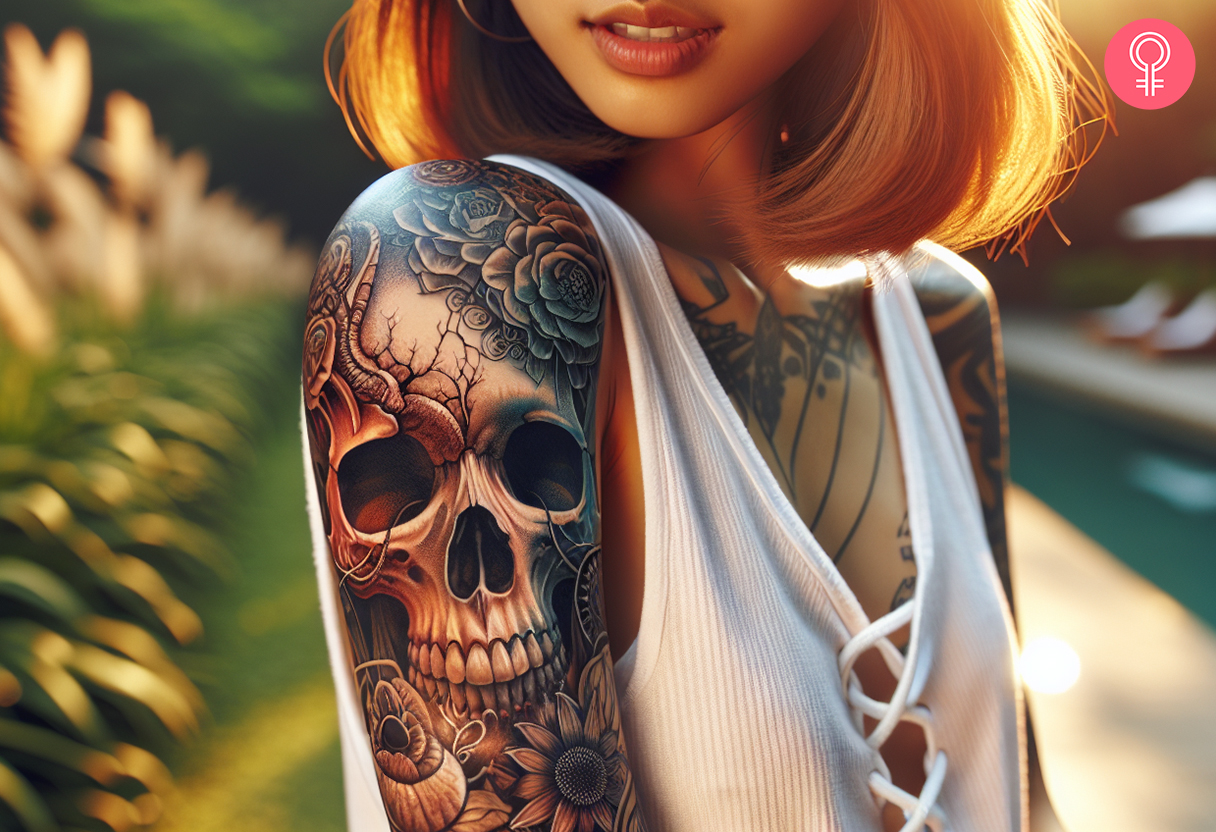 Realistic black and gray skull tattoo with flowers