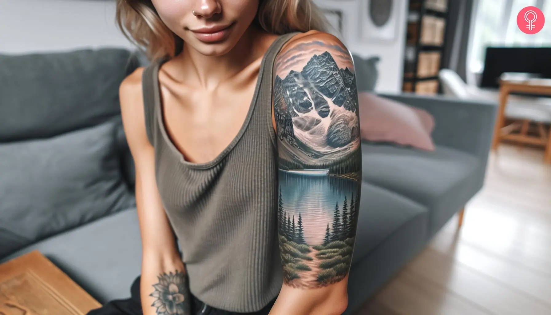 Realistic lake tattoo on a woman’s sleeve