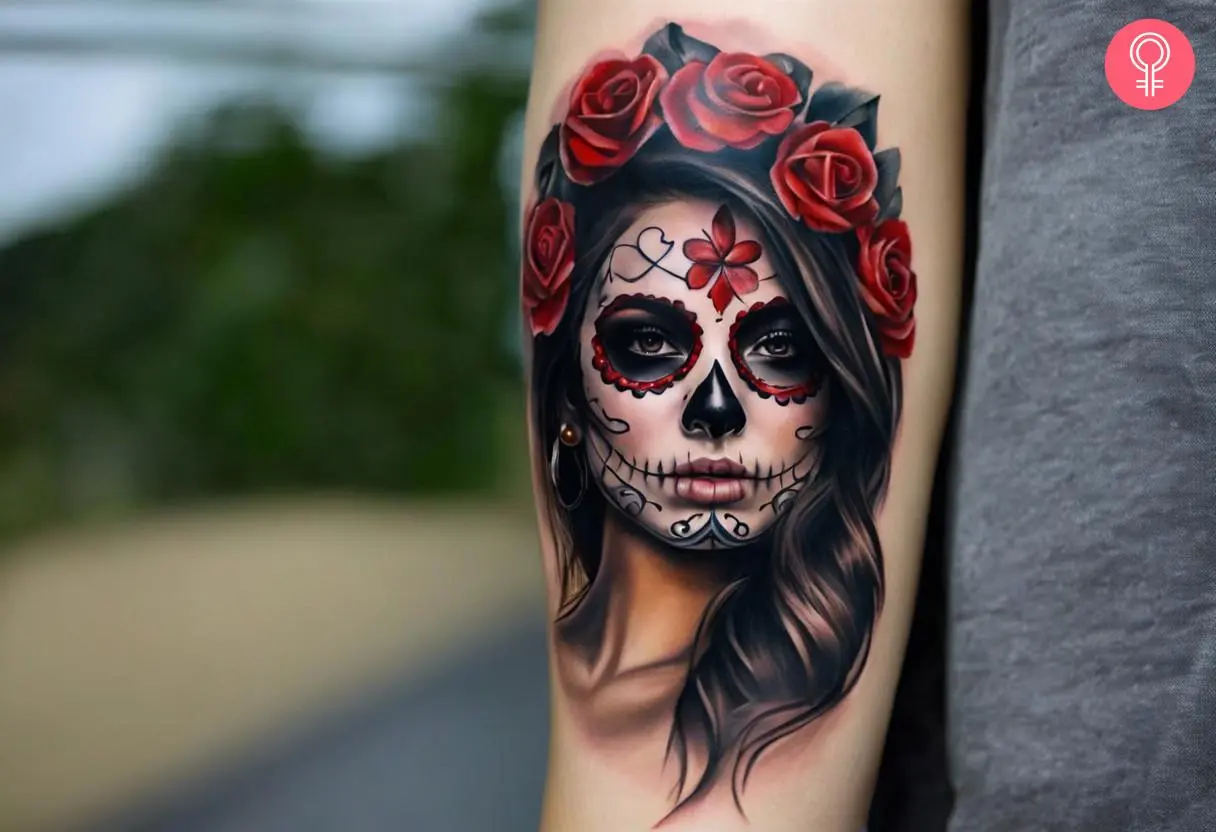 Realistic sugar skull girl tattoo