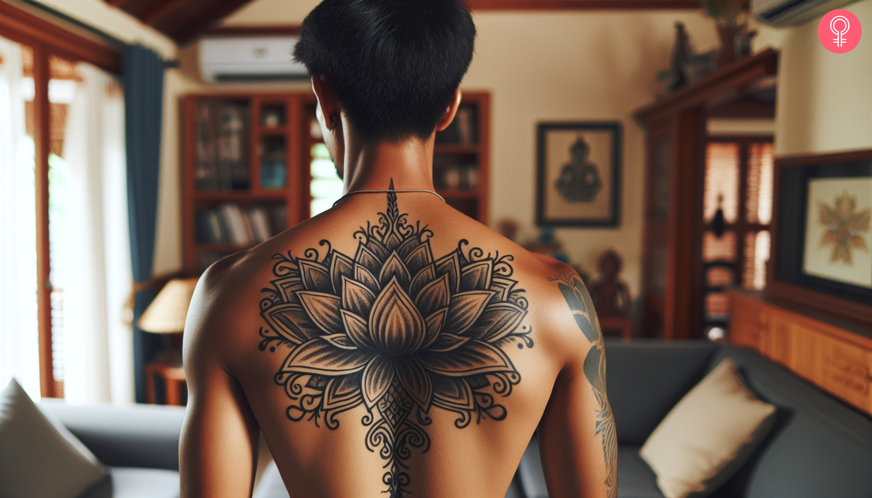 A man with a lotus tattoo on his back