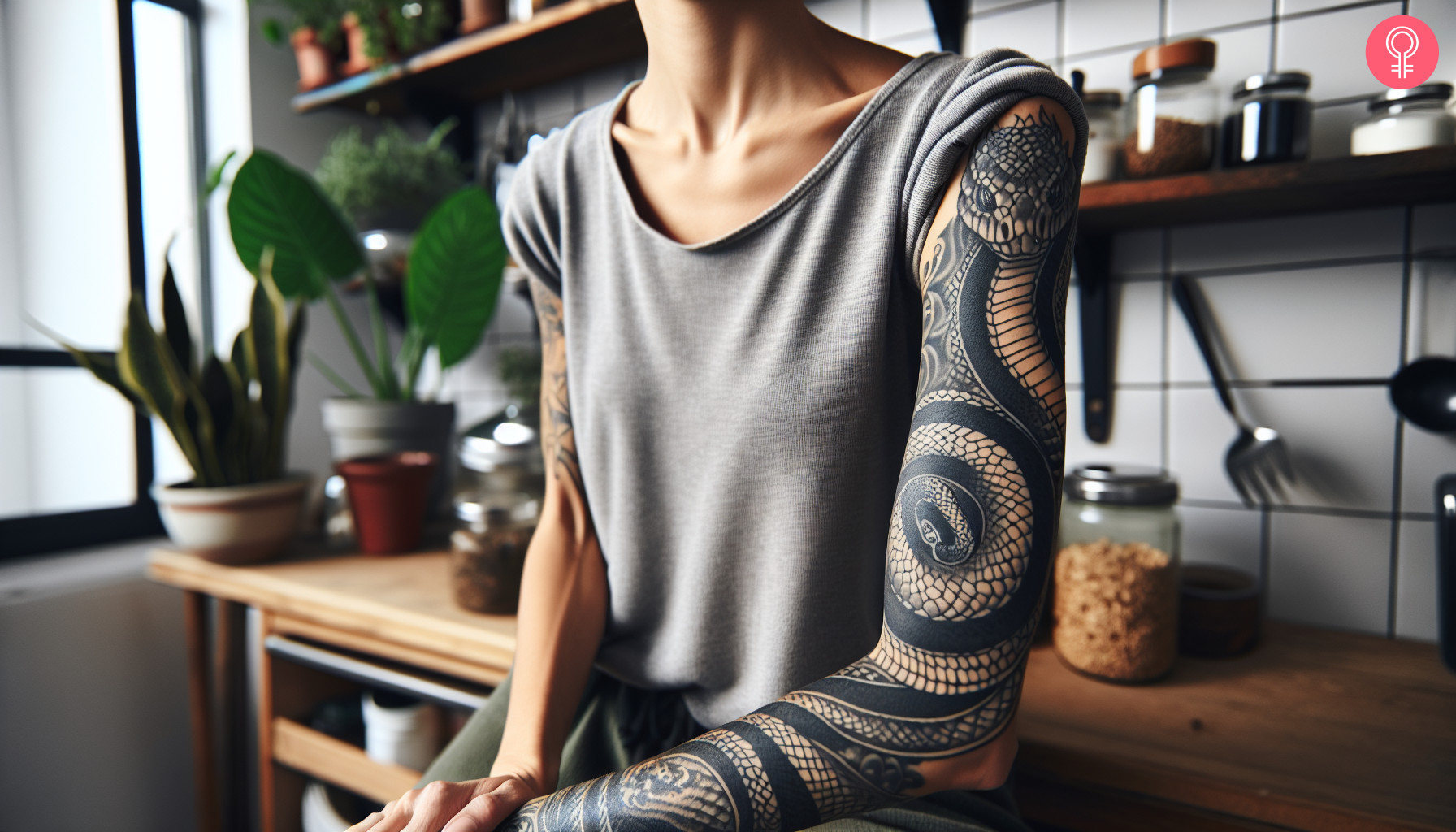 A woman with a snake tattoo sleeve on her arm