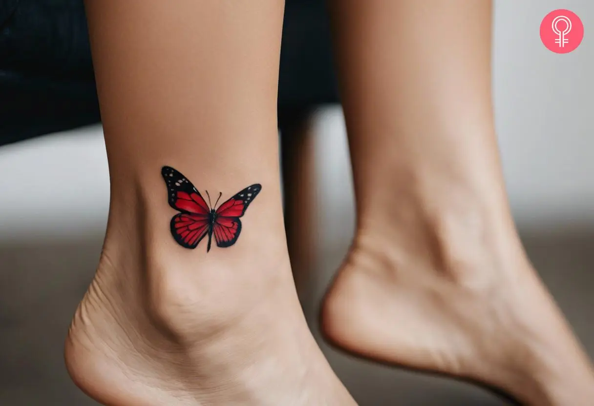 A woman with a red and black butterfly tattoo on her ankle