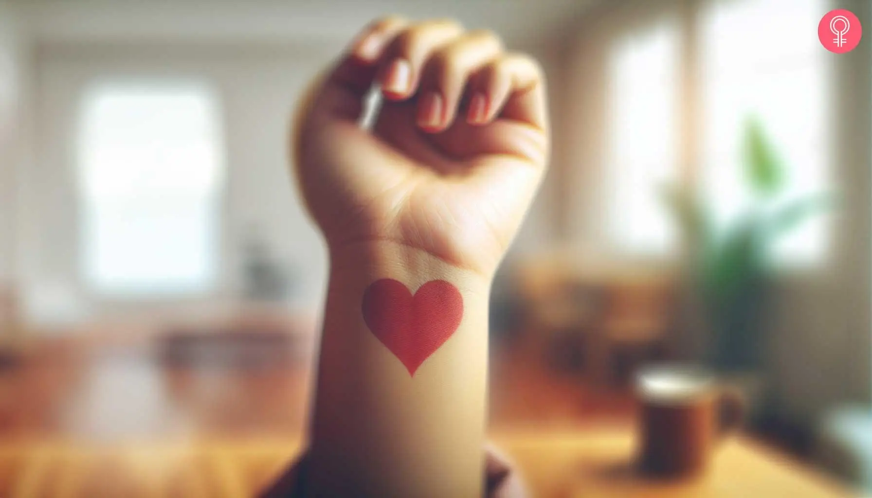 A woman with a simple, red heart tattoo on her wrist