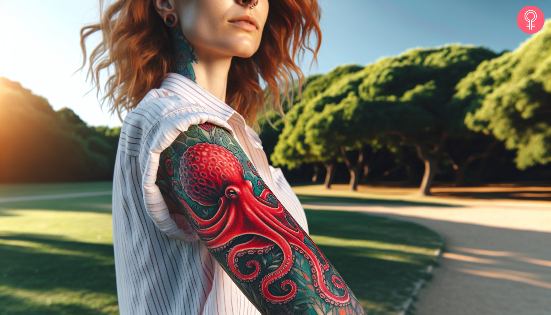 Woman with an upper arm tattoo of a bright red octopus