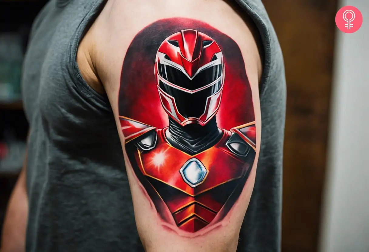 Modern and sleep Red Power Ranger tattoo with a red background