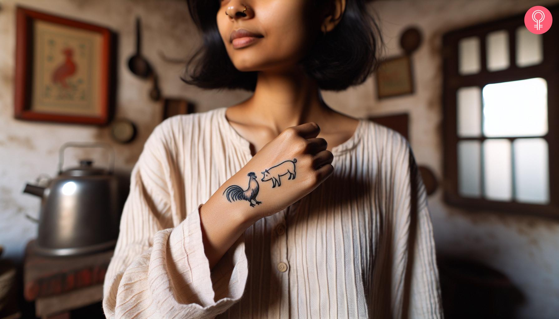 A minimalist tattoo of pig and rooster on a woman’s hand