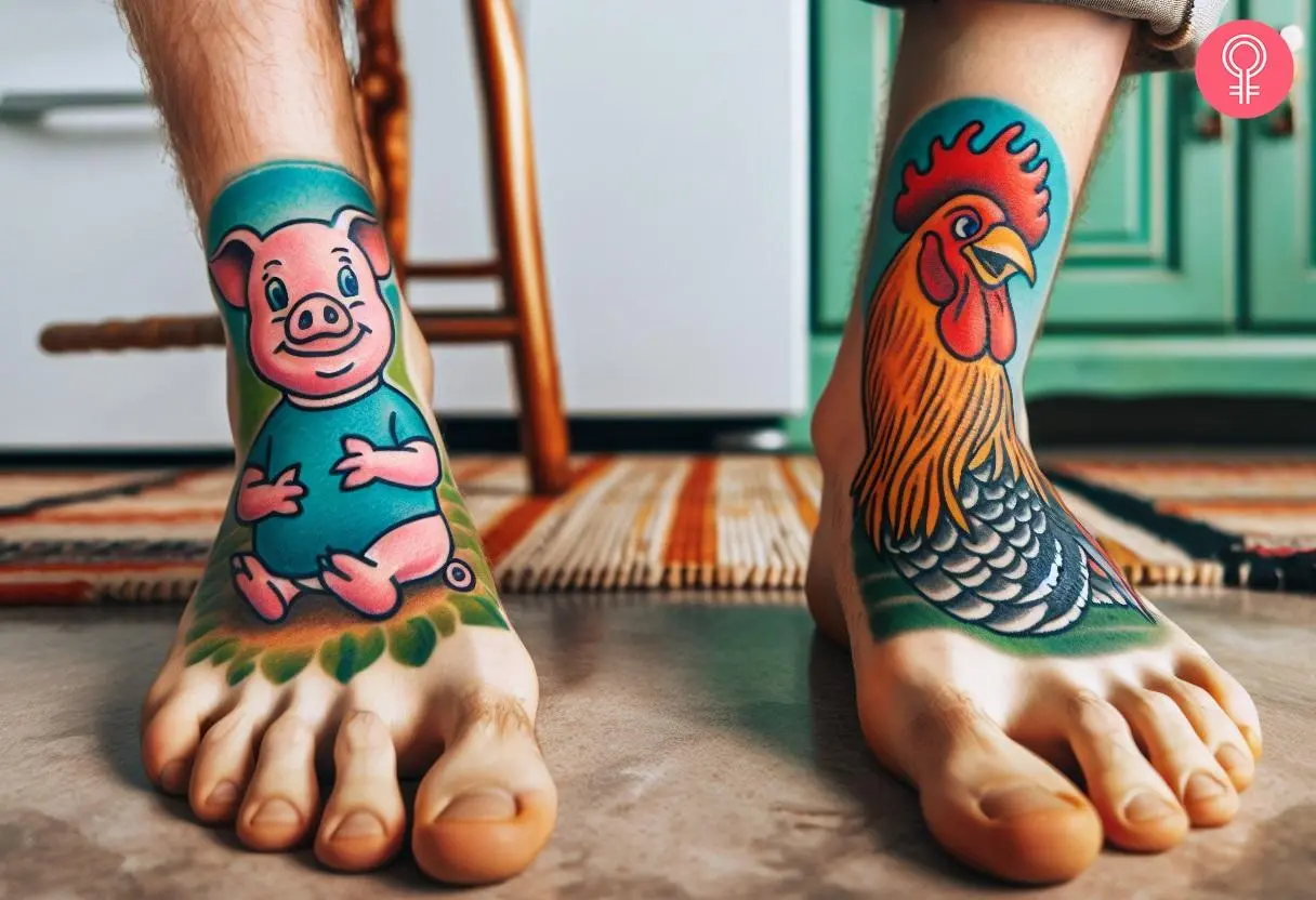 A traditional tattoo of pig and rooster on a man’s feet