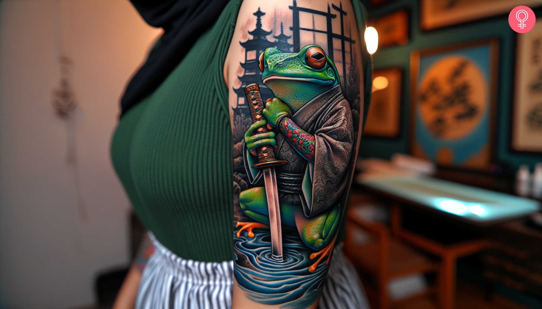 A woman with a vibrant samurai Japanese frog tattoo on her upper arm