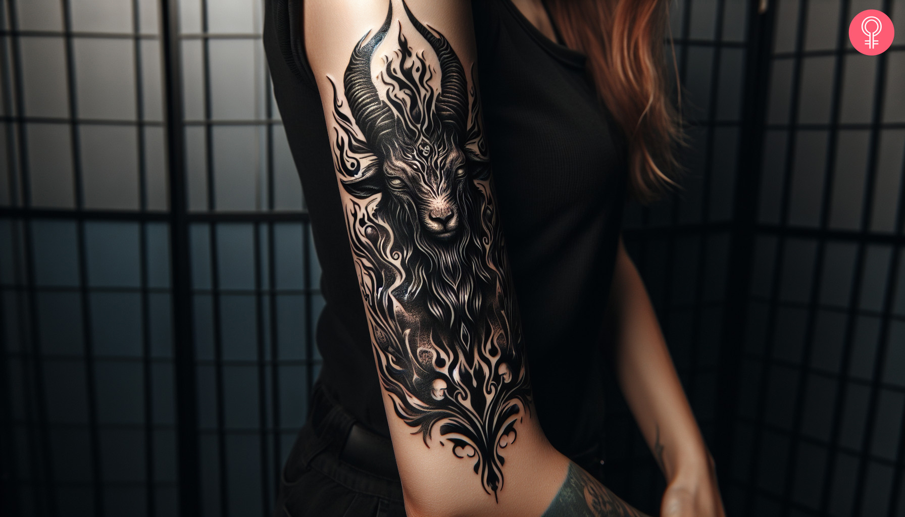 Woman with satanic goat tattoo on her arm