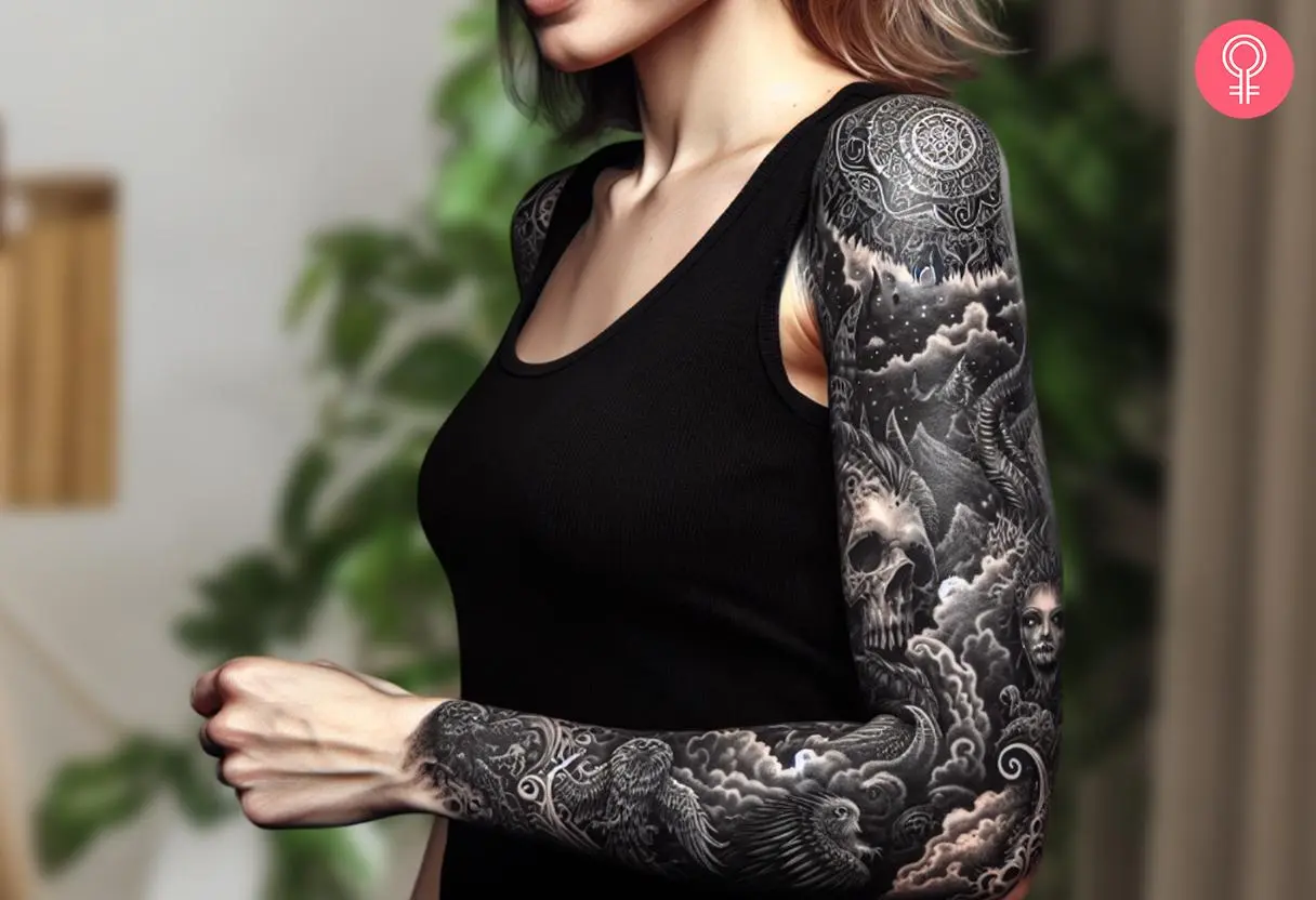 Woman with satanic sleeve tattoo