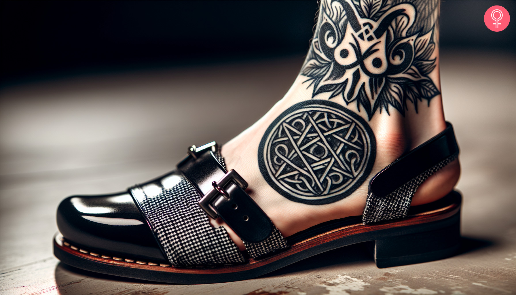 Woman with satanic symbol tattoo on her ankle