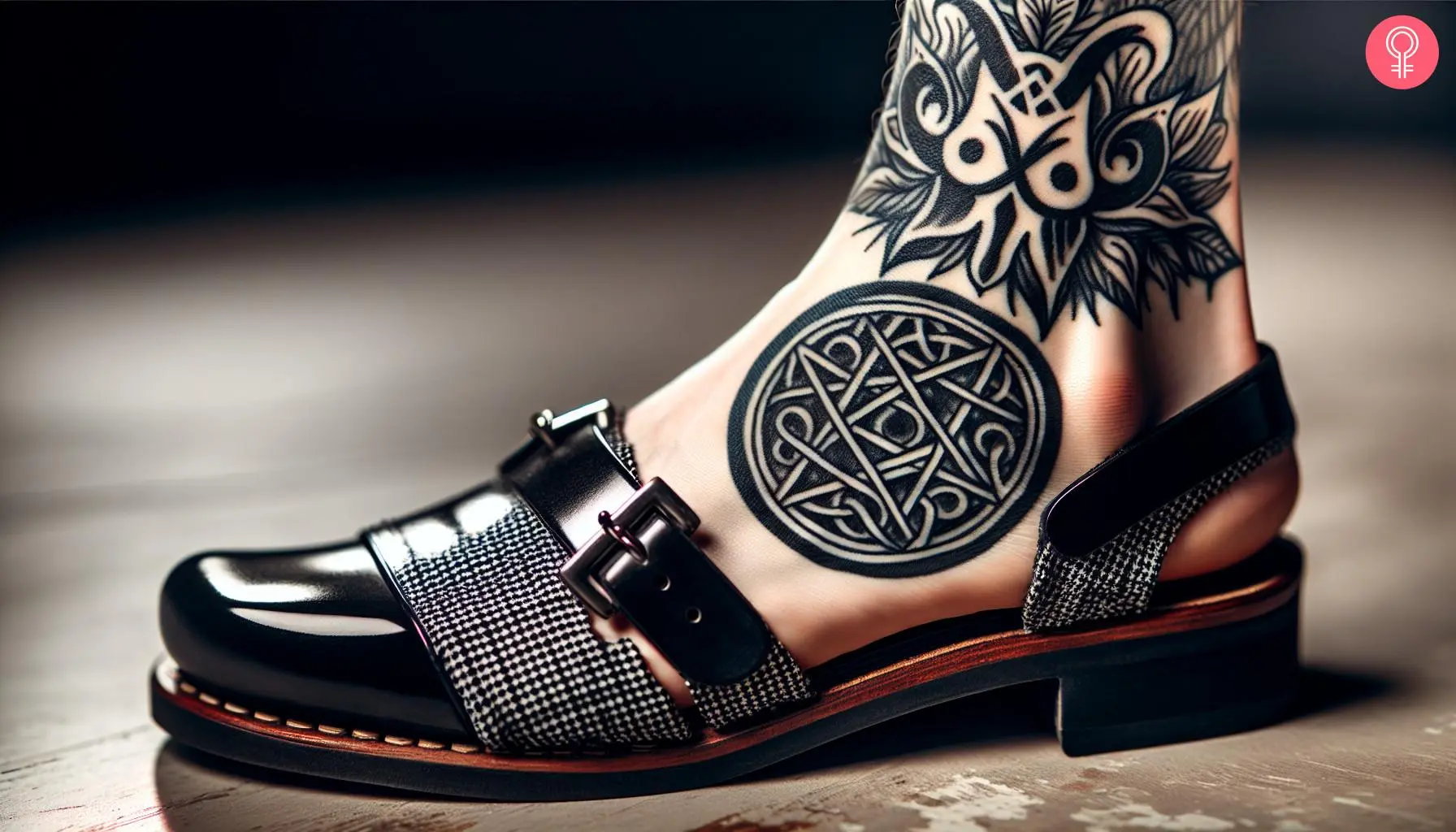 Woman with satanic symbol tattoo on her ankle