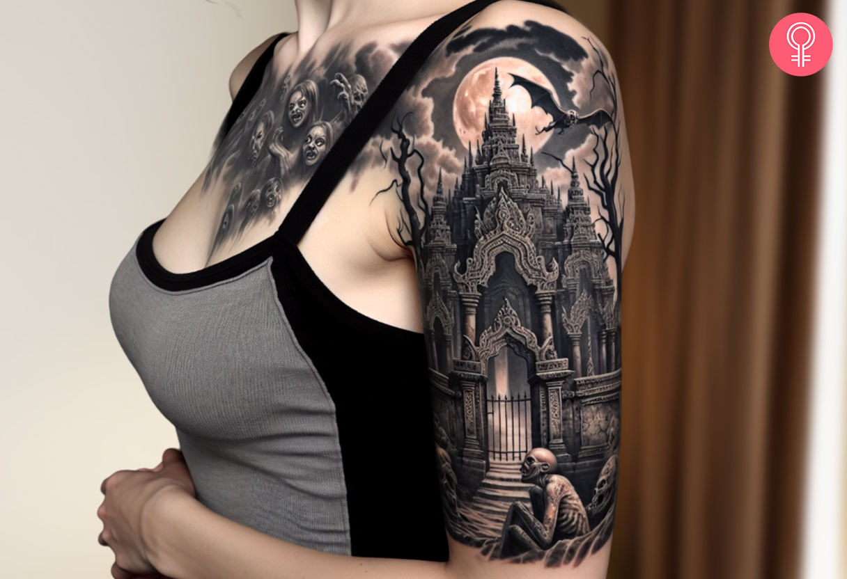 Woman with a satanic temple tattoo on the upper arm and chest