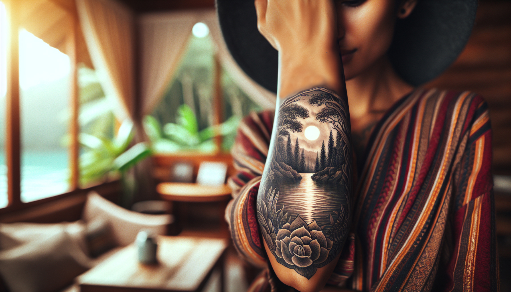 Scenic lake tattoo on a woman’s forearm