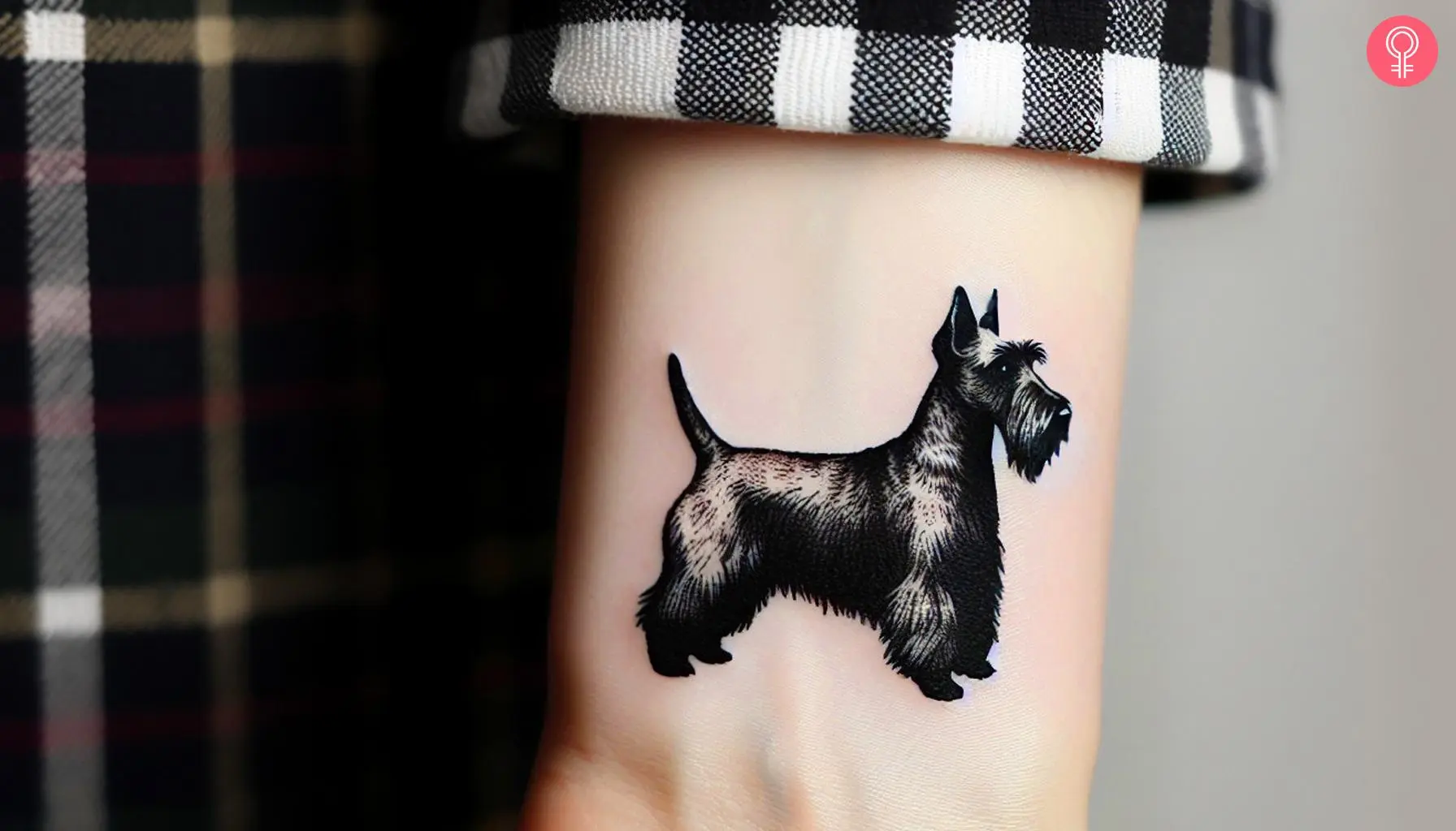 Scottish terrier tattoo on a woman’s wrist