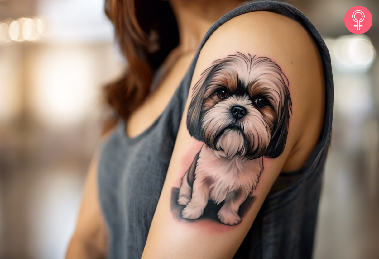 A woman with a colored Shih Tzu portrait tattoo on her upper arm