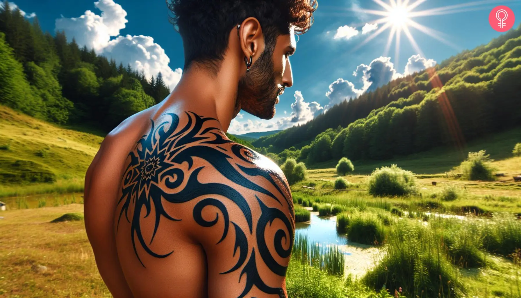 A man with an upper back tattoo with abstract flowing lines inspired by indigenous cultures