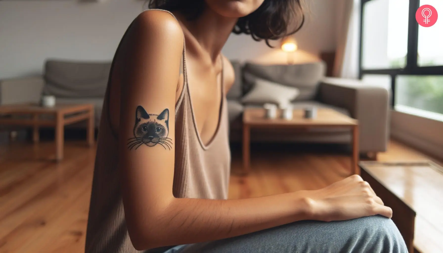 A woman with a small Siamese cat face tattoo on the upper arm with protruding whiskers