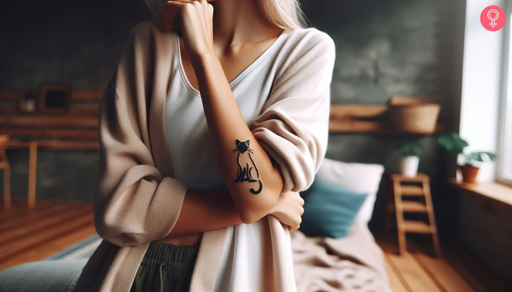 A woman with a Siamese cat silhouette tattoo