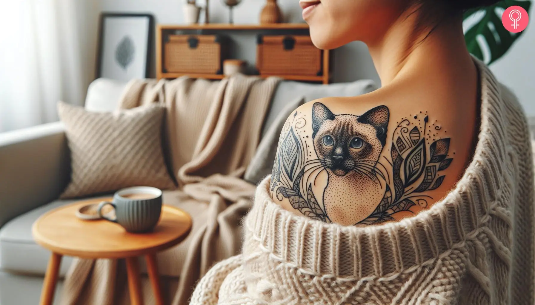 A woman with a Siamese cat tattoo with dotted effects and mesmerizing eyes