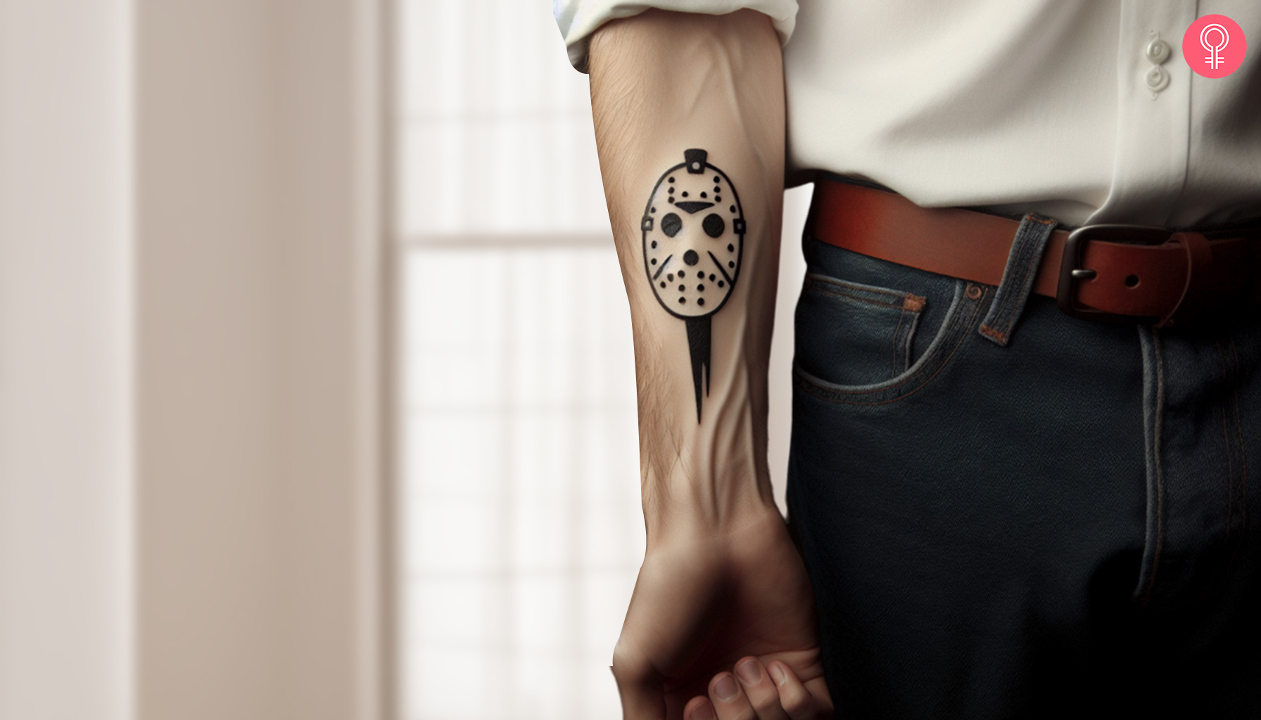 A minimalist Jason mask tattoo on the forearm