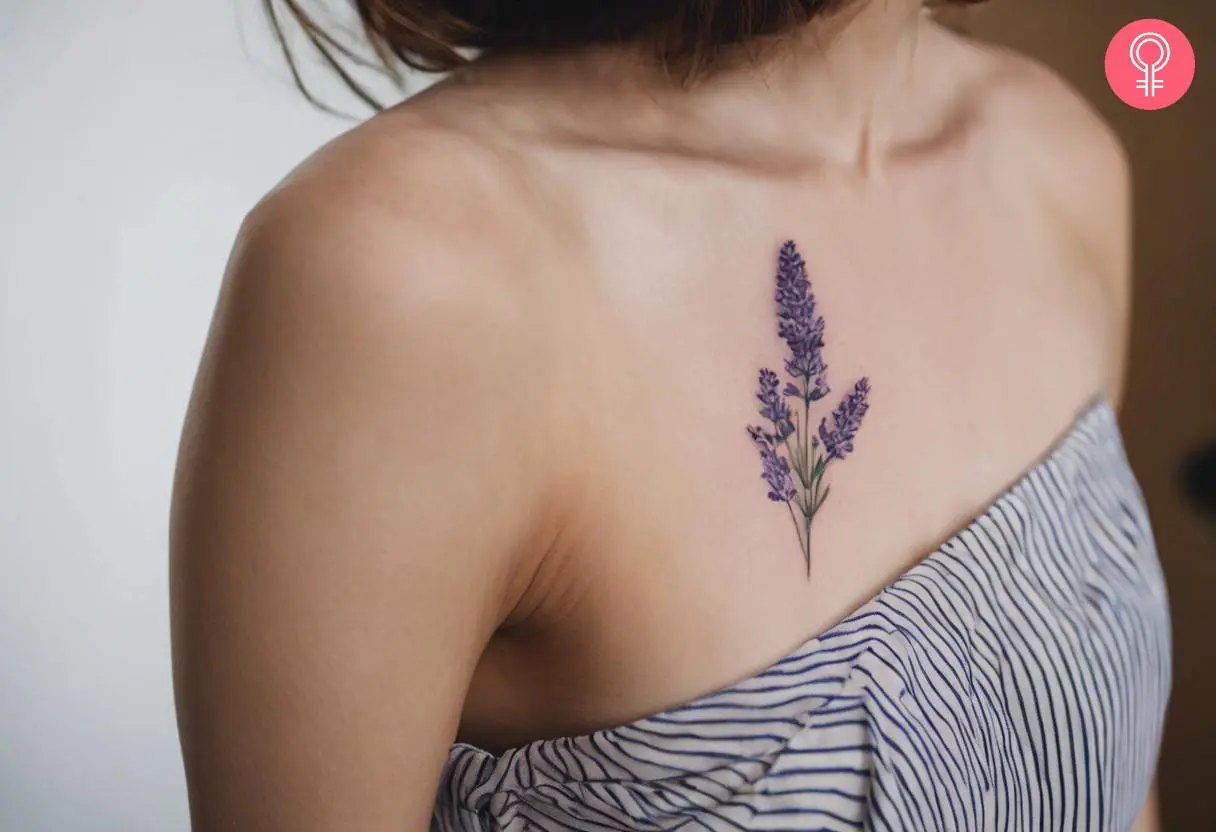 A woman with a linework lavender tattoo on her chest