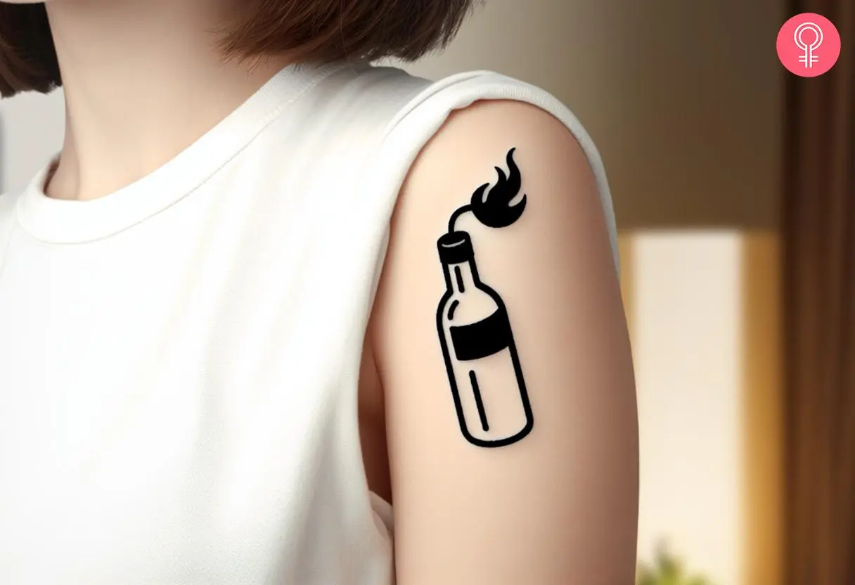 Simple Molotov cocktail tattoo on the upper arm