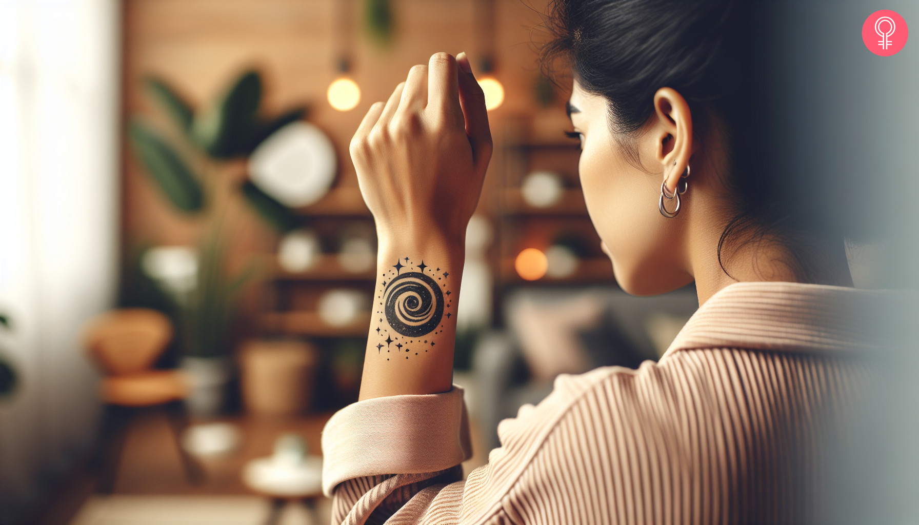 A woman with a wrist tattoo with circular lines and stars