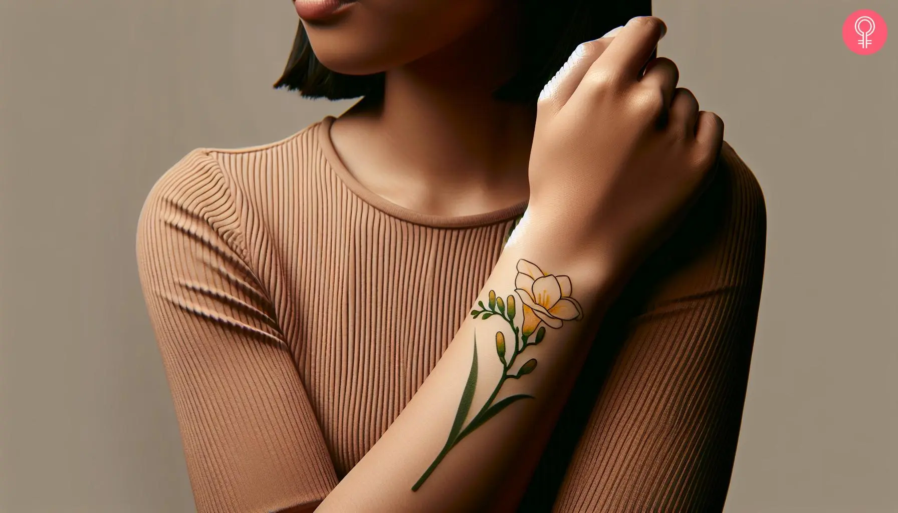 A single freesia tattoo on the wrist