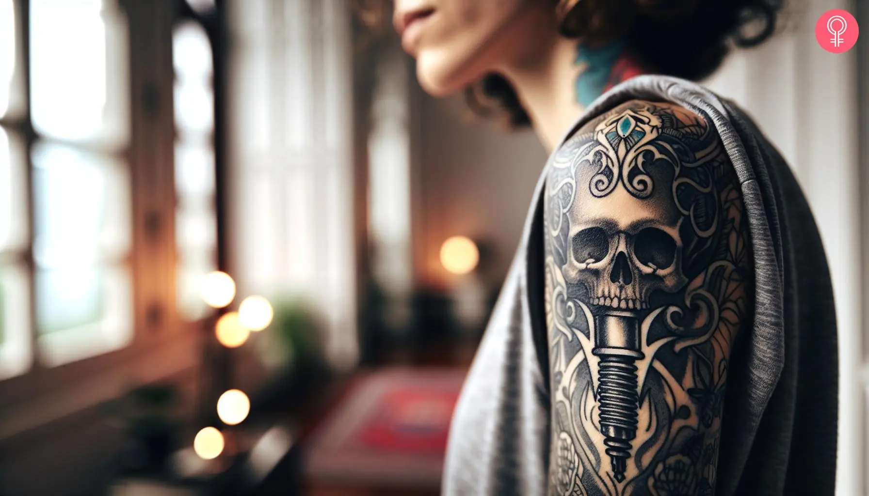 A woman with a black skull and spark plug tattoo on her upper arm