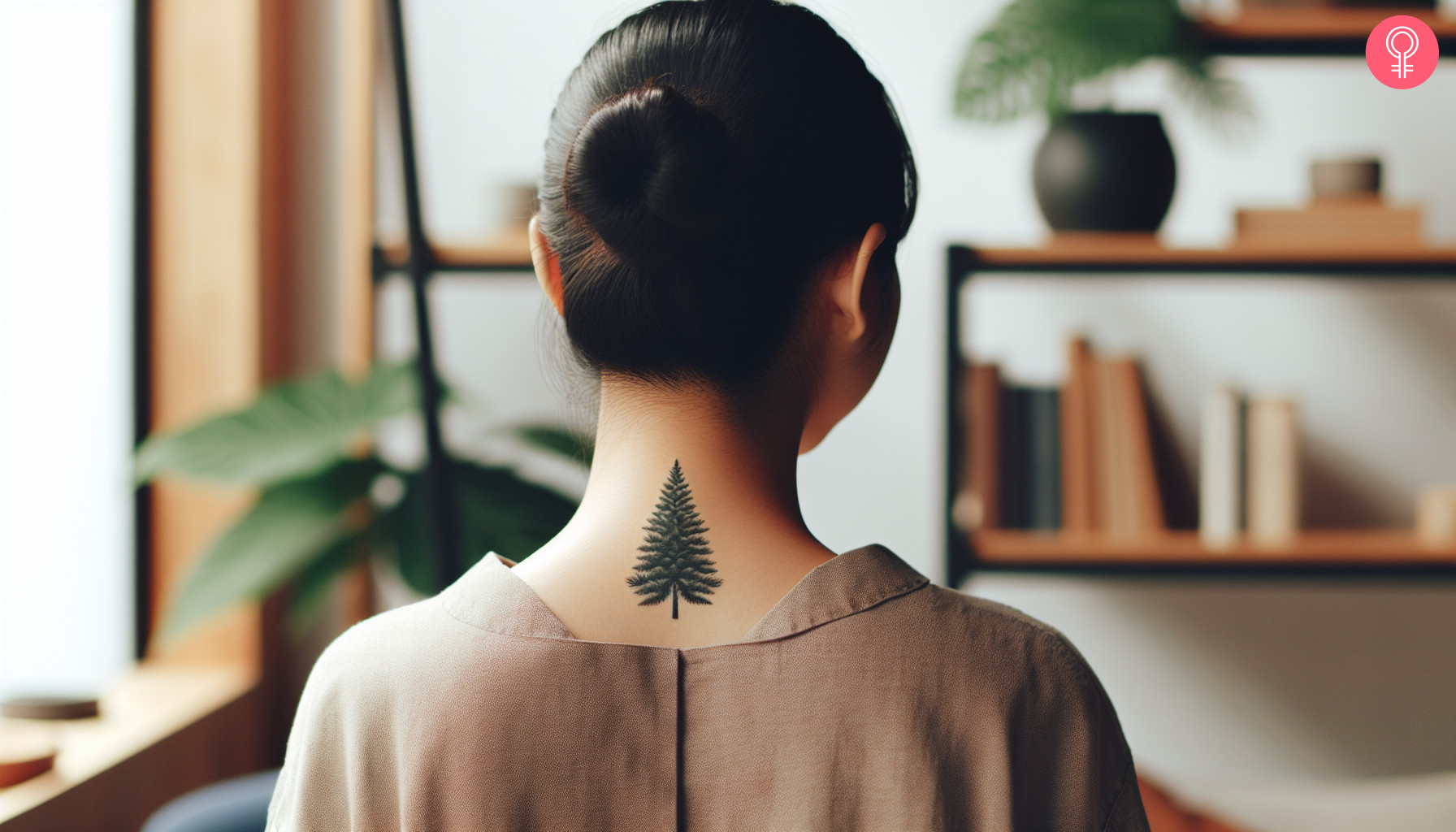 A small evergreen tree tattoo on the back of the neck