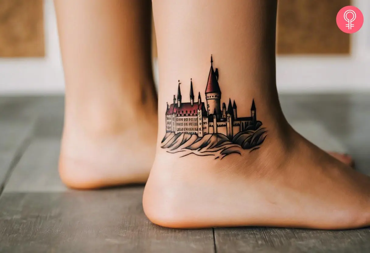 A woman with a small Hogwarts castle tattoo on her ankle