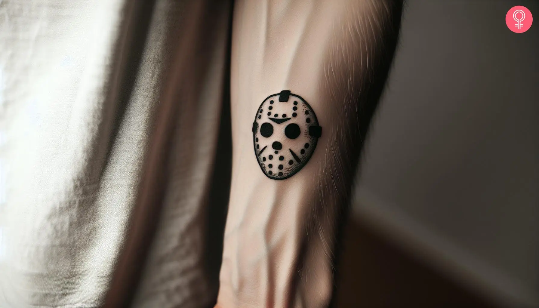 A minimalist Jason mask tattoo inked on the forearm