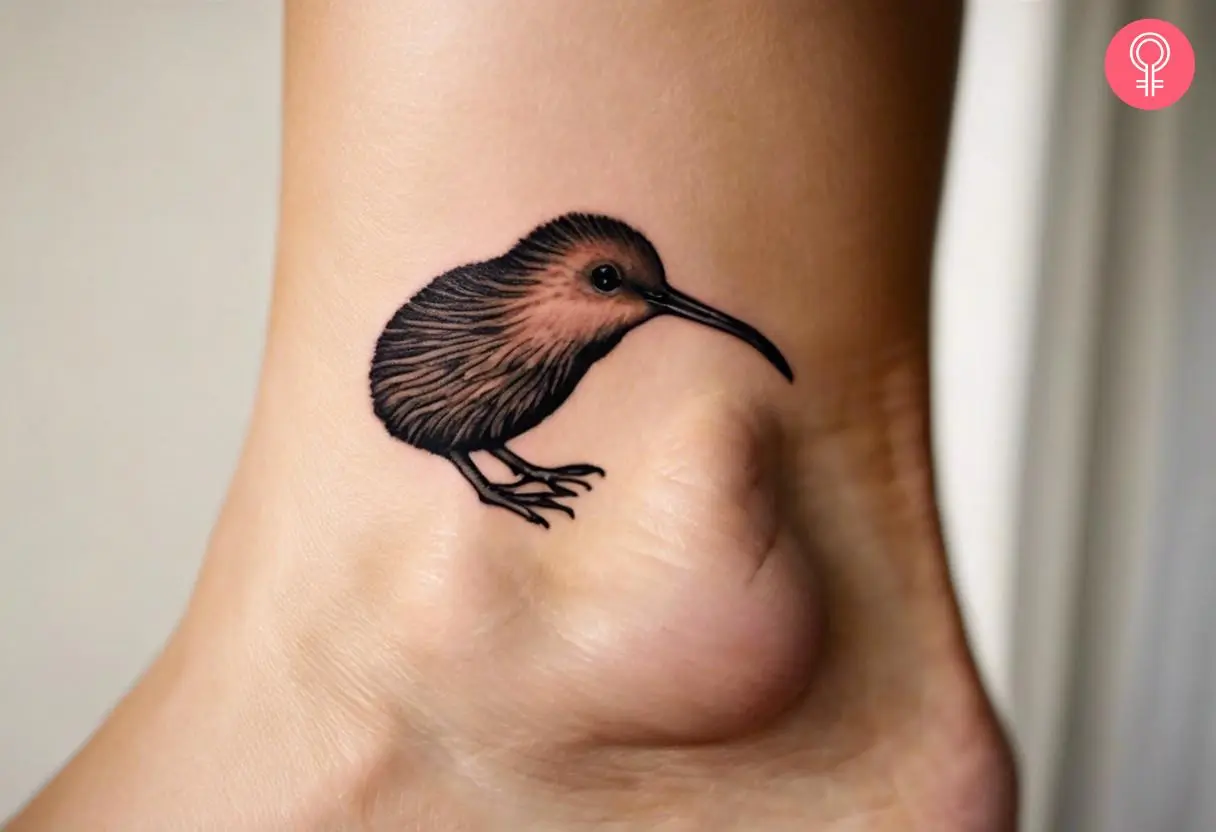 Woman with a small kiwi bird tattoo on her ankle