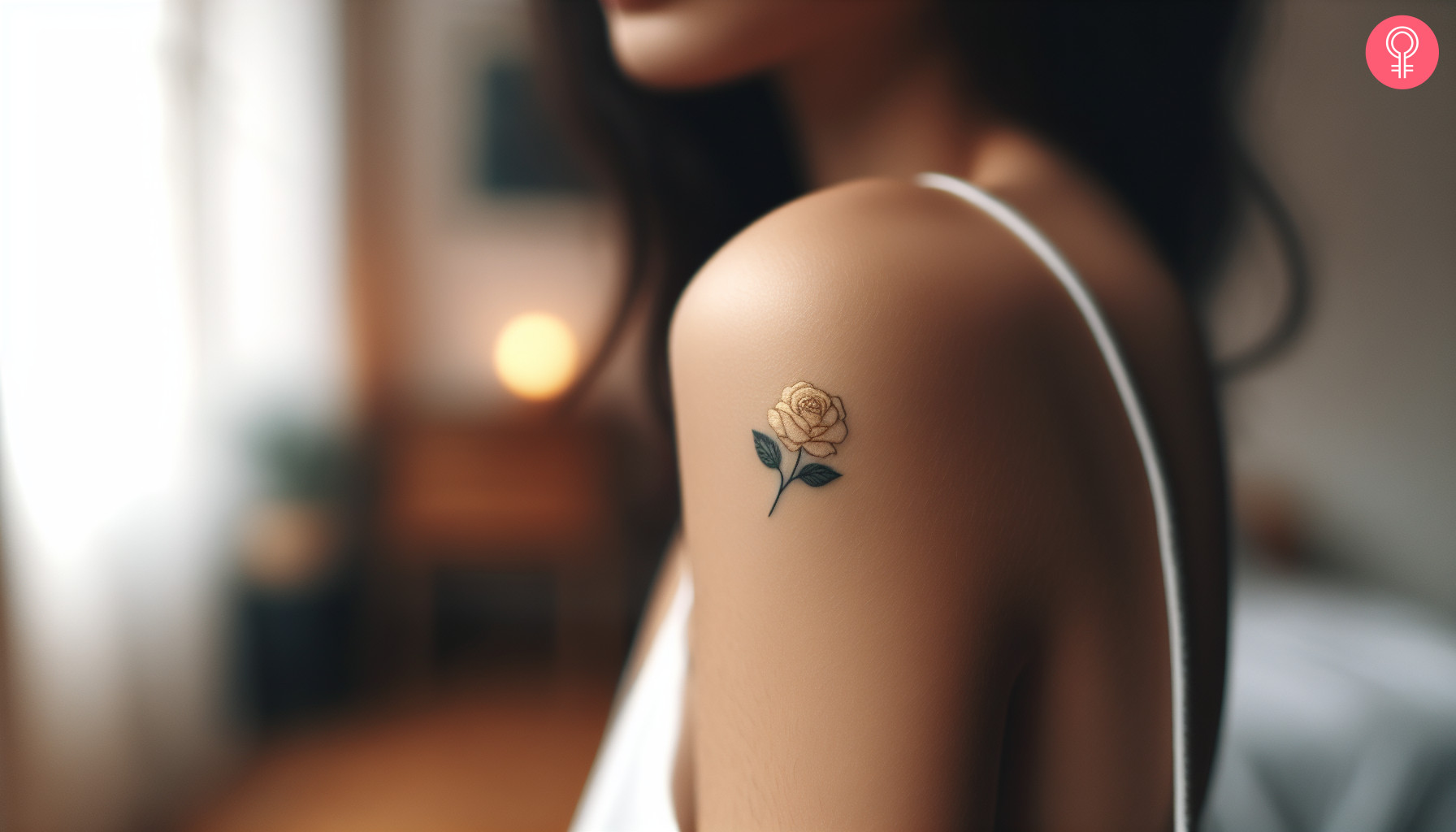 A woman with a small, subtle yellow rose tattoo on her upper arm