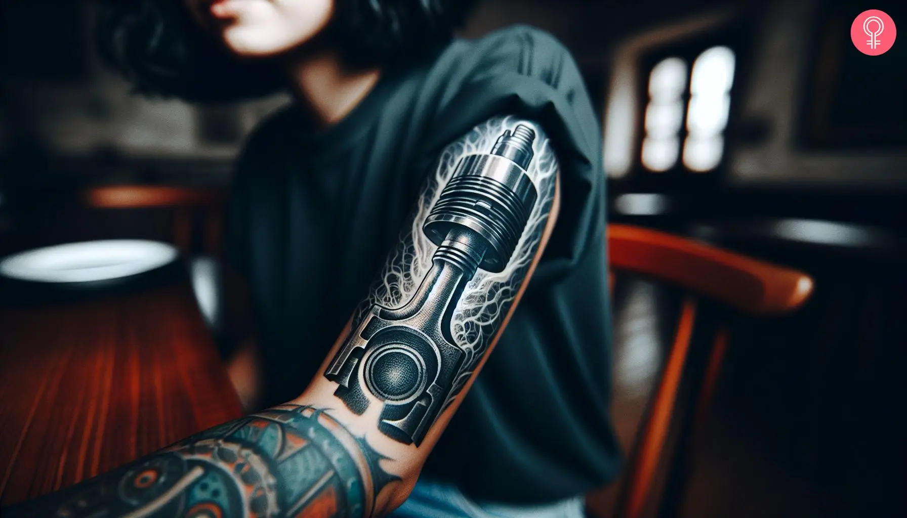 A woman with a monochromatic spark plug piston tattoo on her upper arm