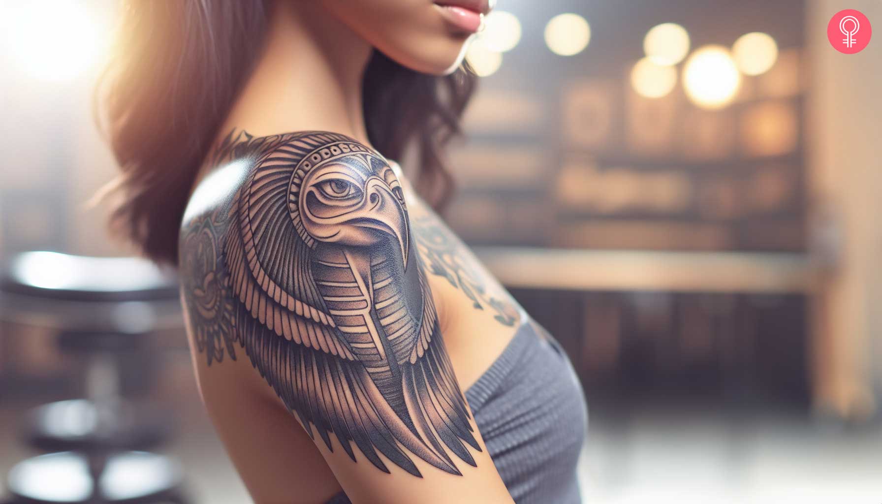 A woman with a soft black sphinx bird tattoo on her upper arm