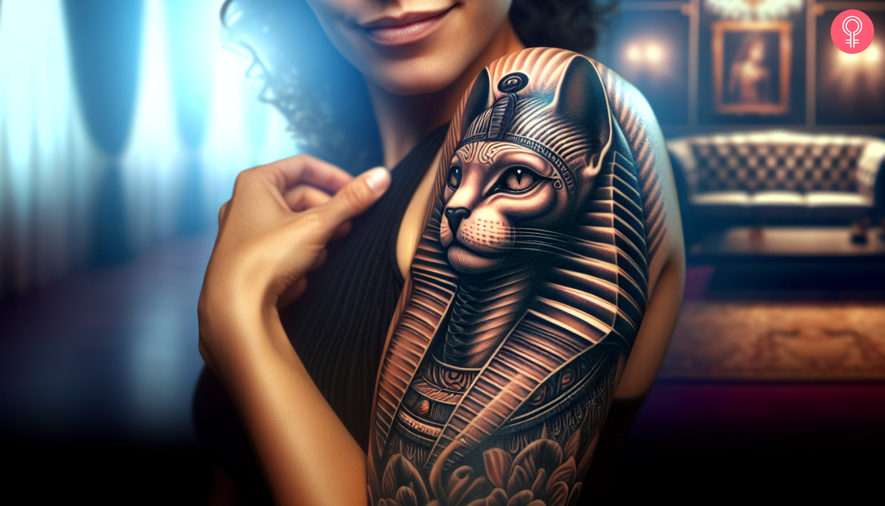 A woman with an Egyptian sphinx cat tattoo on her upper arm