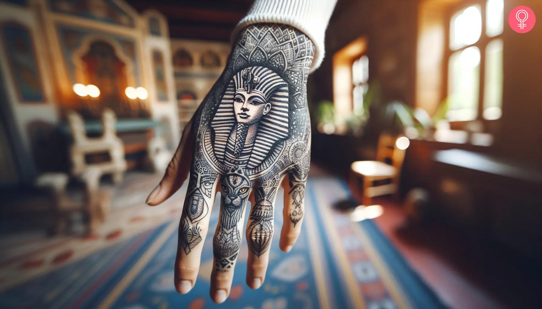 A woman with a black and white sphinx tattoo on her hand