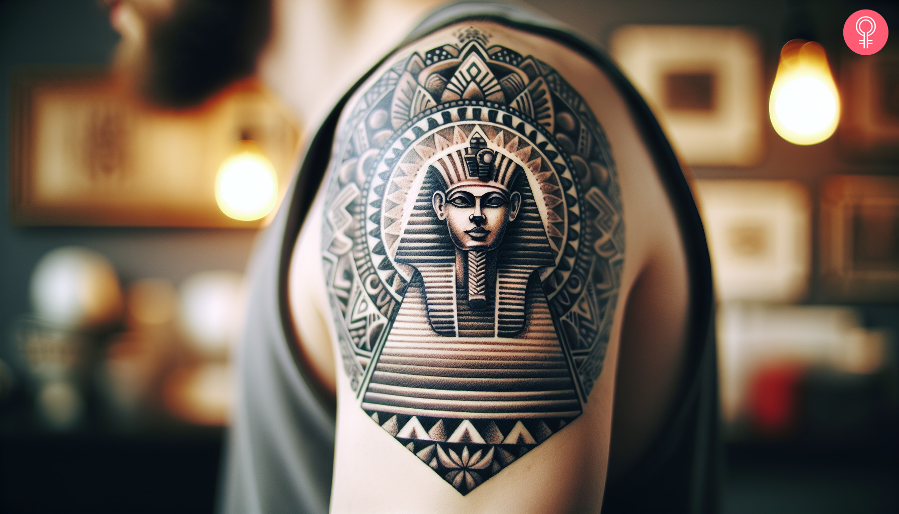 A man with a sphinx pyramid tattoo on his upper arm