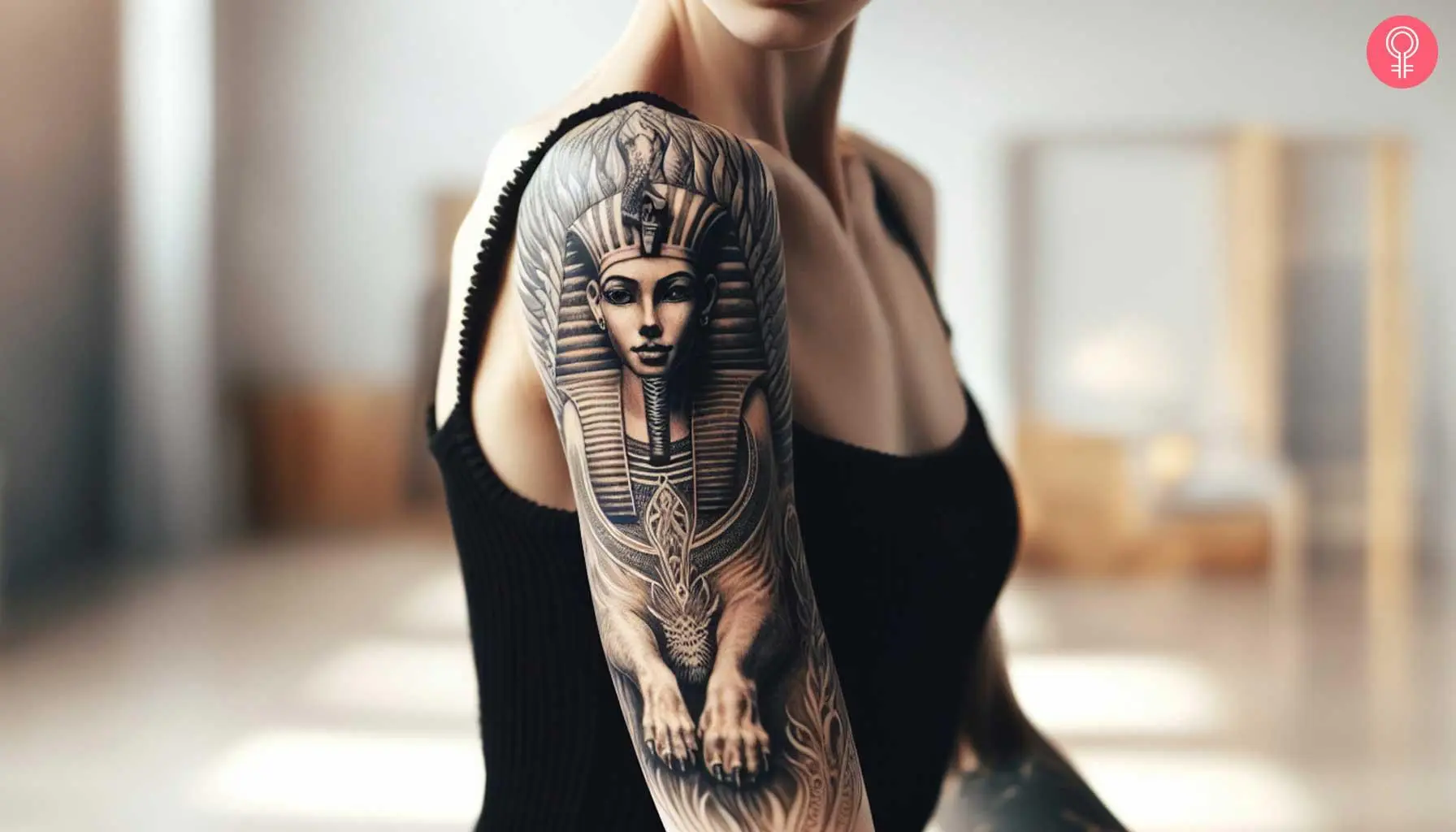 A woman with a black sphinx statue tattoo on her upper arm