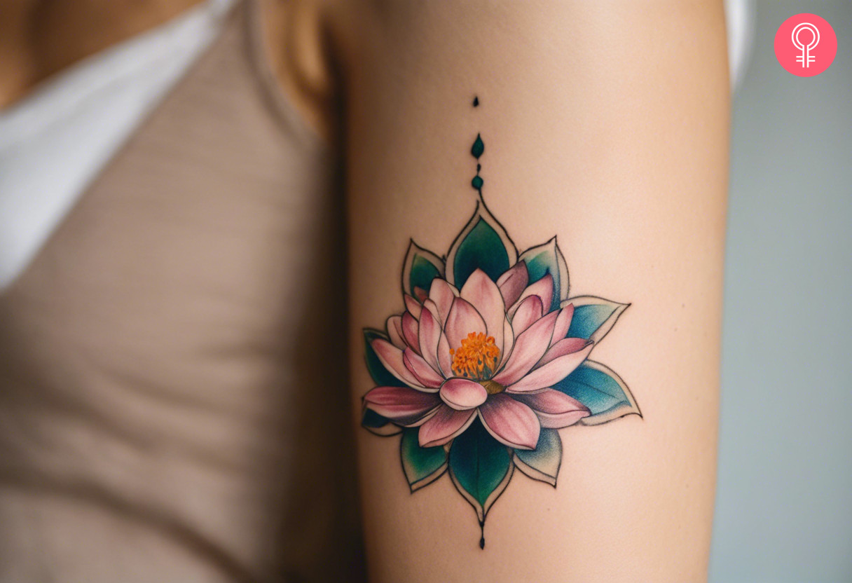 A woman with a lotus tattoo on her bicep