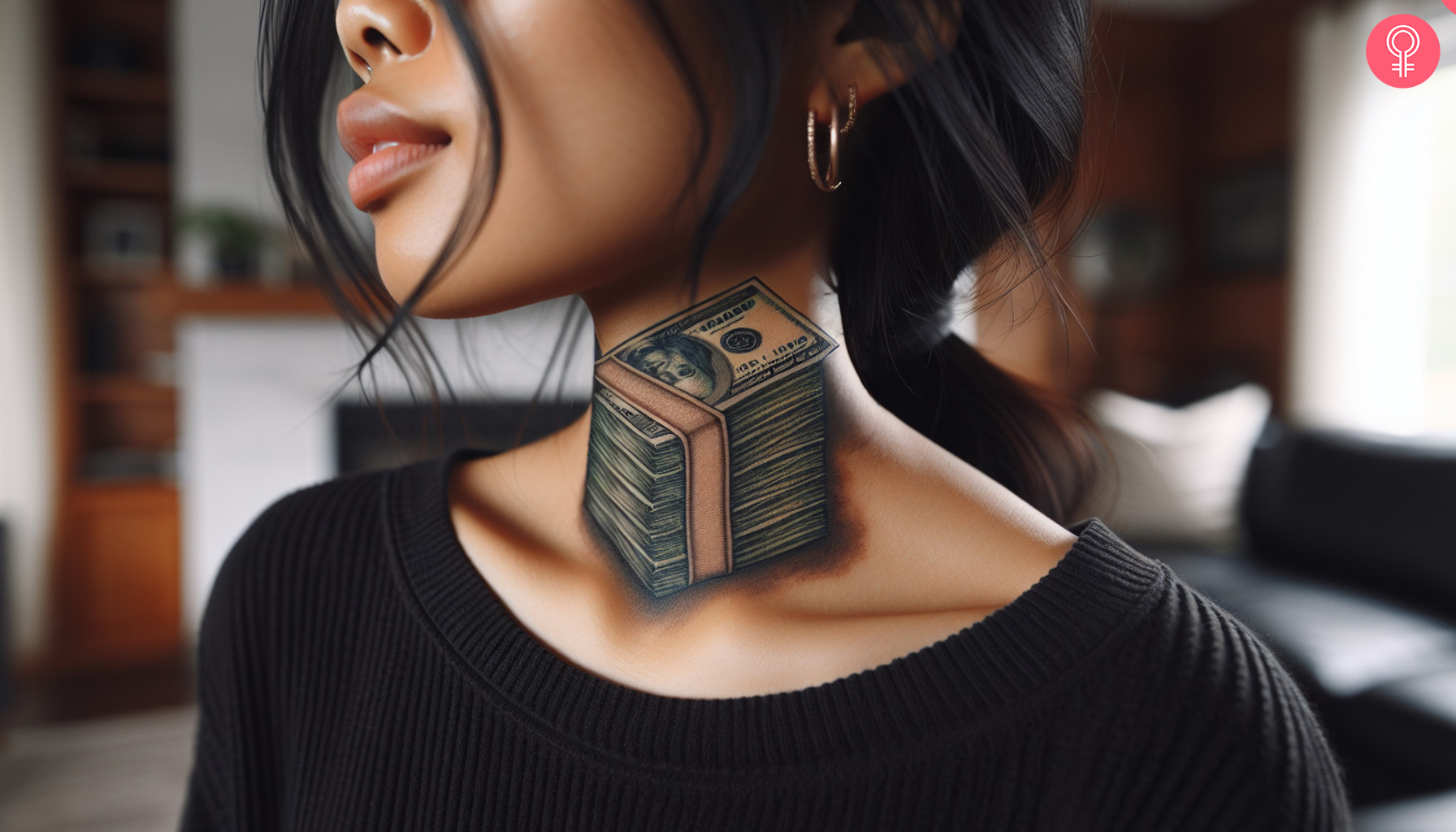 Stack of cash tattoo on the front neck