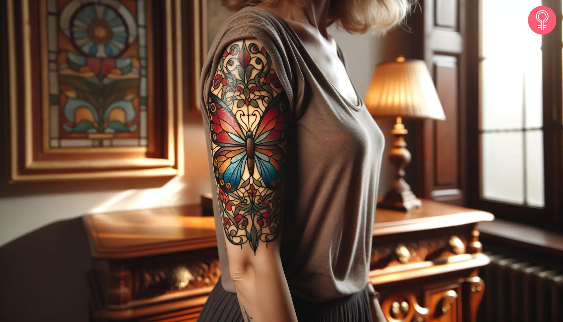 A stained glass butterfly tattoo in colorful ink with floral patterns