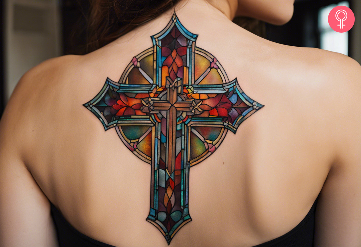 A tattoo of a stained glass cross on the upper back